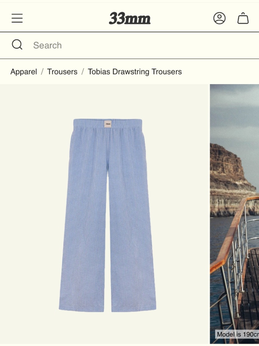 33mm Tobias Drawstring Trousers Sky Blue White Stripe Size Small